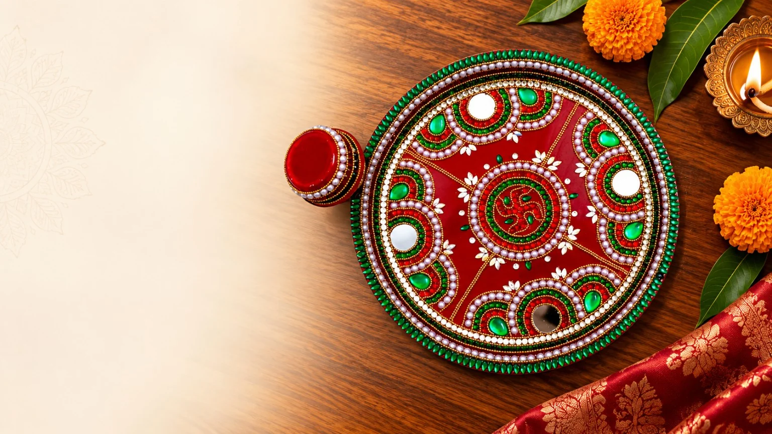 Decorative Kundan Puja Thali and Traditional Essentials