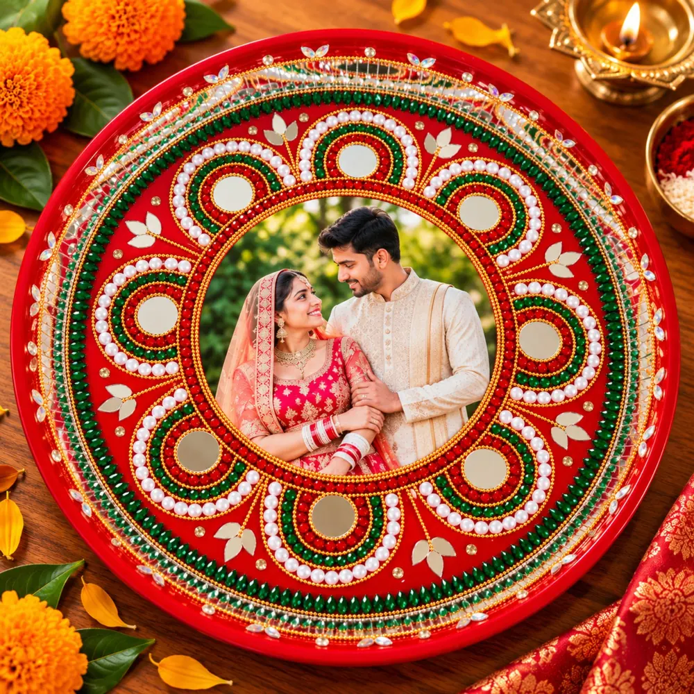 Karwachauth Special 1 red decorative puja thali featuring a couple photo and festive embellishments