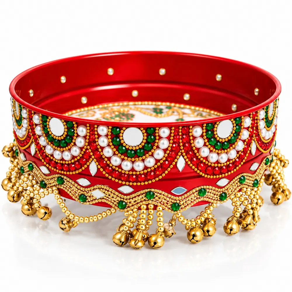 Close-up view of the red decorative Karwa Chauth thali