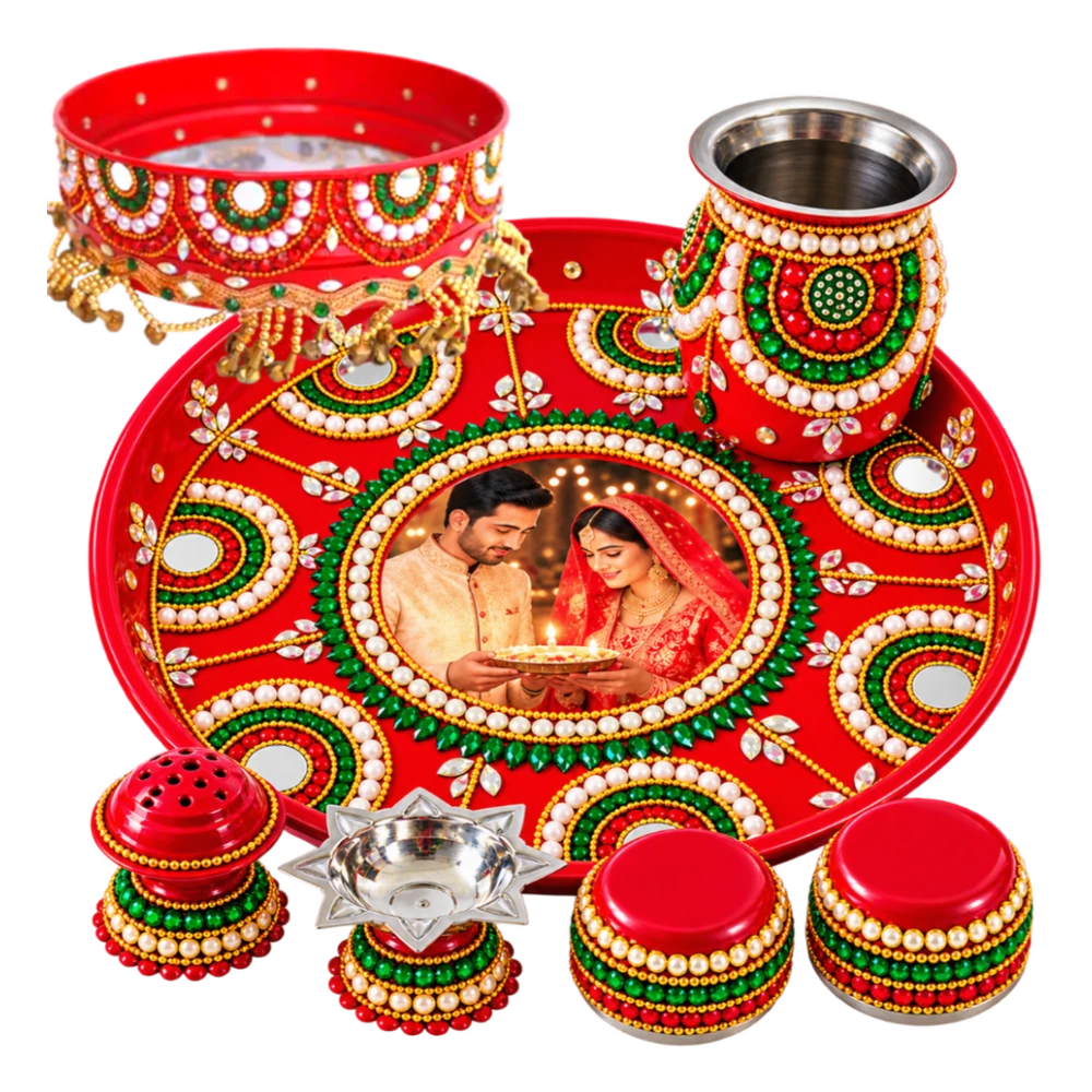 Karwachauth Special red decorated thali set with personalized couple photo, kalash, chhalni, diya and two katoris