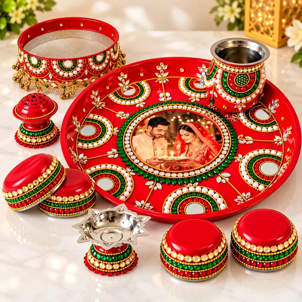 Karwachauth Special red couple-photo puja set