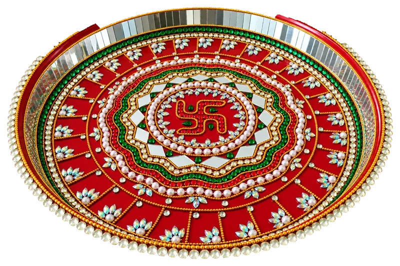 Premium red 12 inch stainless steel puja thali with mirror and stone embellishments