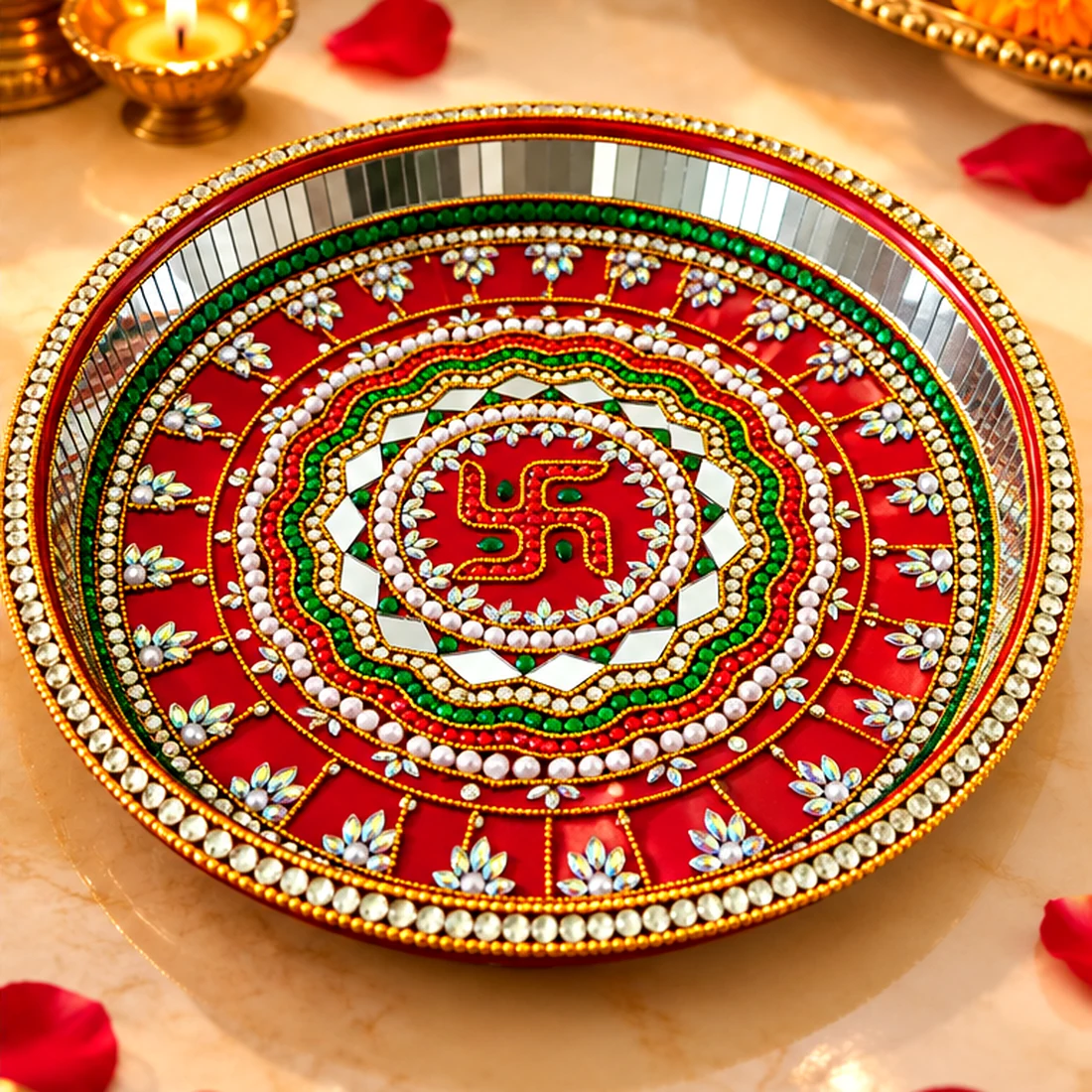 Premium red 12 inch stainless steel puja thali with mirror and stone decoration