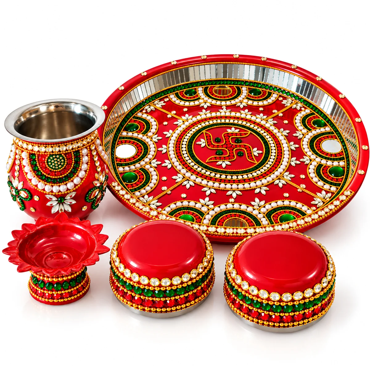 Wedding Combo 1 red decorated puja set with 12-inch thali, two katoris, small kalash and diya